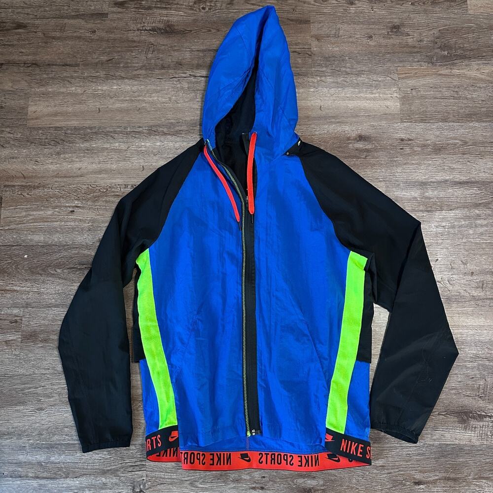 Nike Sport Mens Large Dri Fit Windbreaker Jacket Hood Retro Blue Black Y2K